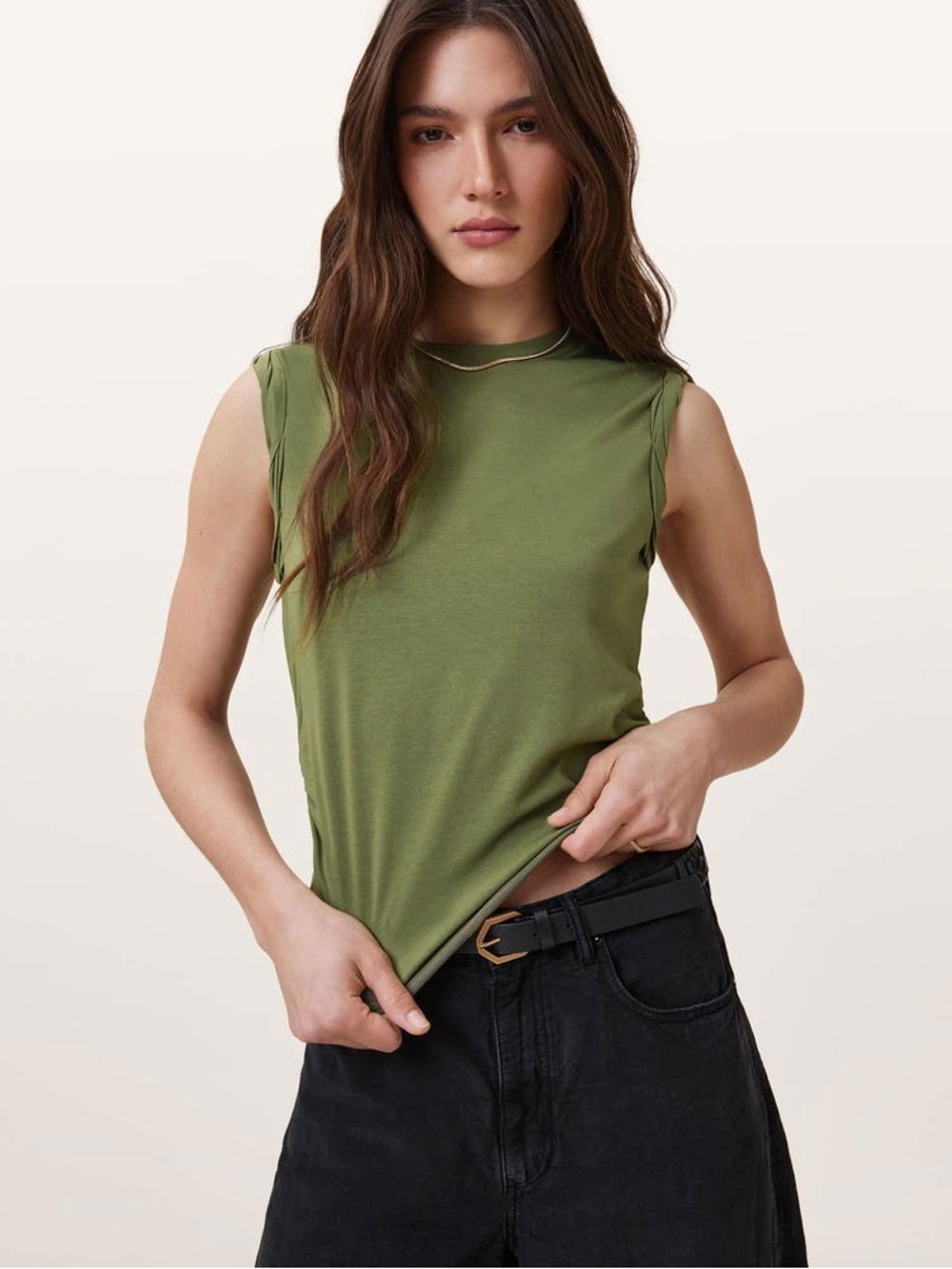 All Saints Olive Layered Hem Sleeveless Top West Tshirt XS